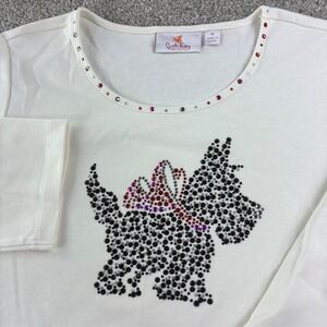 Quacker Factory Womens M Ivory 3/4 Sleeve Rhinestone Scottie Dog Cotton Top Soft